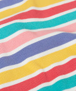Close up of the pastel striped design on the Frugi 100% organic cotton ribbed leggings 