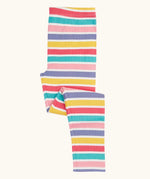 Folded pair of Frugi 100% organic cotton ribbed leggings with a pastel striped design