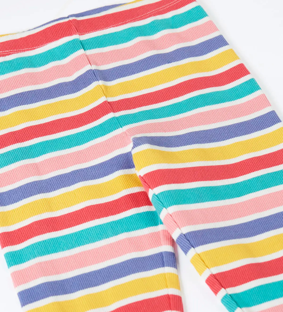 Frugi 100% organic cotton ribbed leggings laid flat showing  a pastel striped design