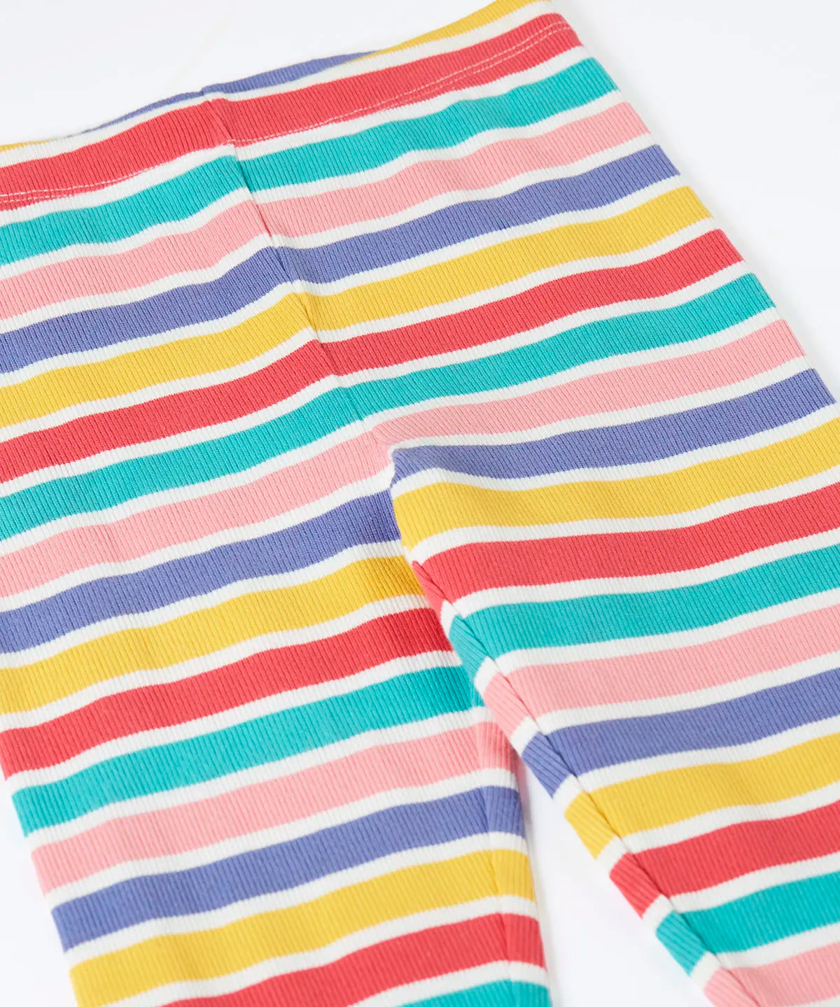 Frugi 100% organic cotton ribbed leggings laid flat showing  a pastel striped design