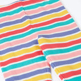 Frugi 100% organic cotton ribbed leggings laid flat showing  a pastel striped design