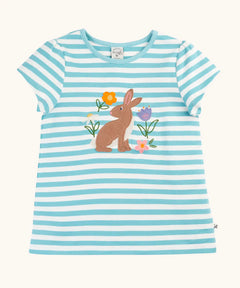 Frugi 100% organic cotton blue and white stripe short sleeve t-shirt with a rabbit patch on upper body 
