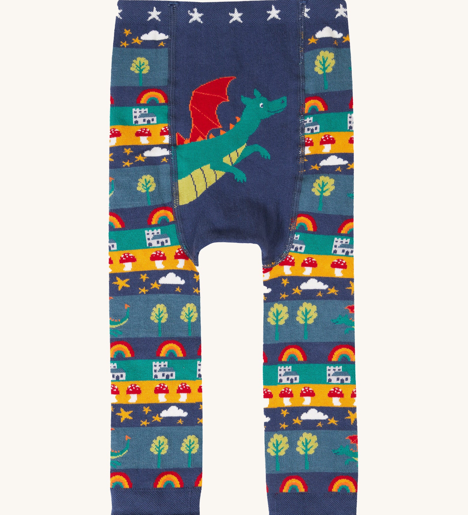 Frugi little knitted leggings in dragon fair isle available at Babipur. A GOTS organic cotton fairytale inspired patterned leggings.
