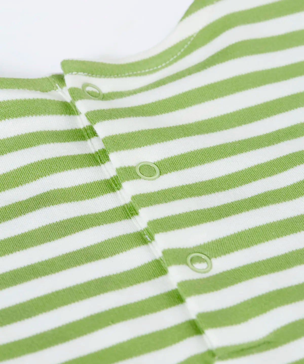 Close up of the Frugi 100% organic cotton white and green striped Layla dress showing popper buttons on the upper back
