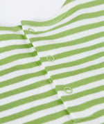 Close up of the Frugi 100% organic cotton white and green striped Layla dress showing popper buttons on the upper back