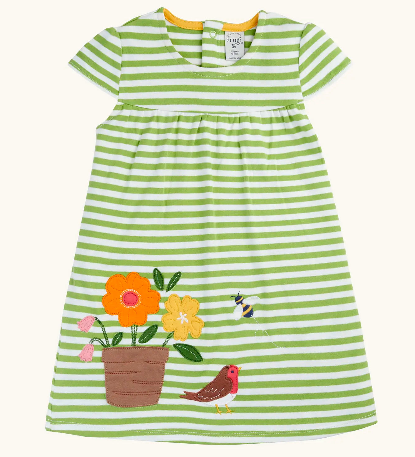 Frugi 100% organic cotton white and green striped Layla dress with a flower, robin and bee patch on the skirt 