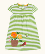 Frugi 100% organic cotton white and green striped Layla dress with a flower, robin and bee patch on the skirt 