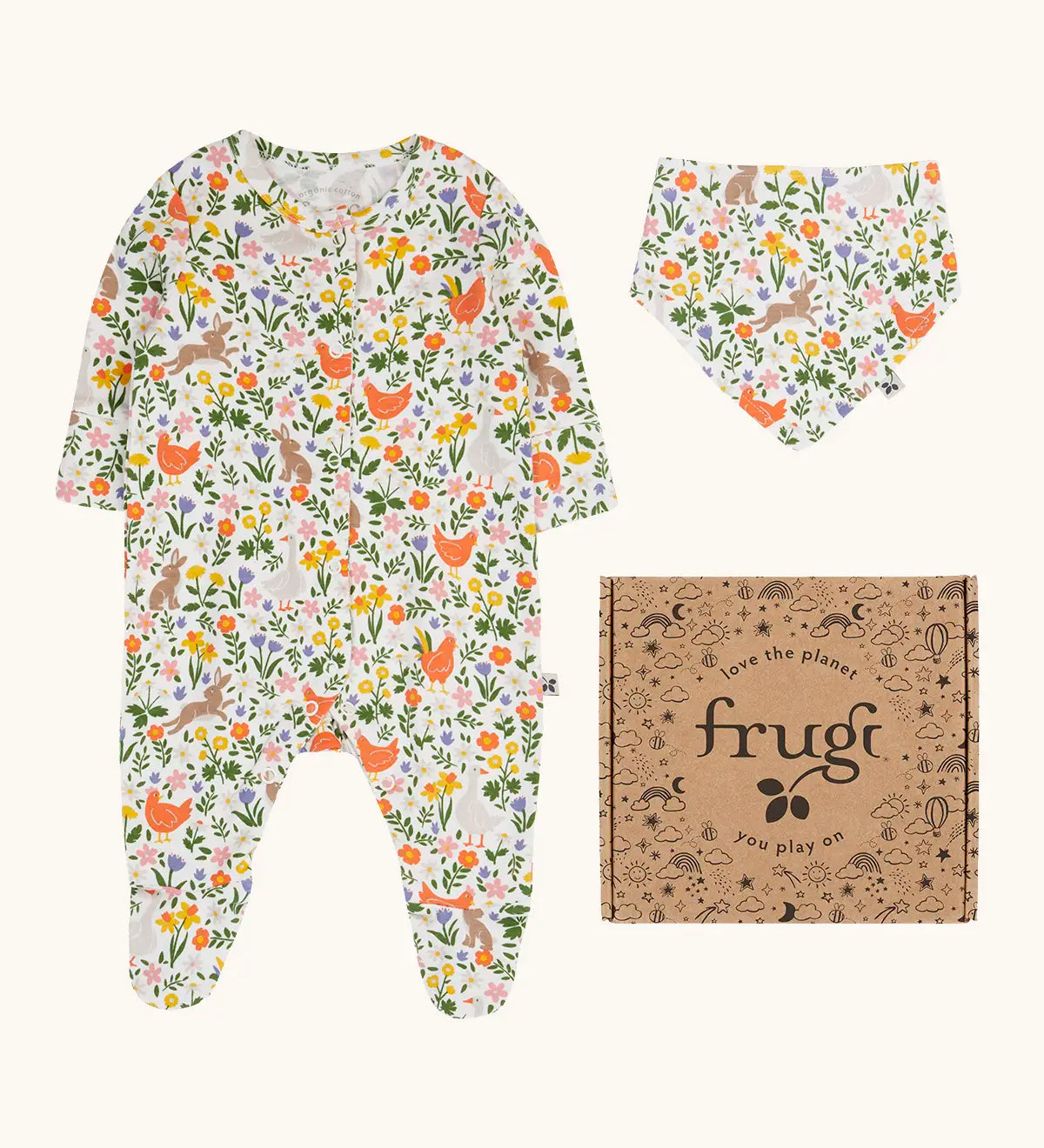 Frugi 100% organic cotton lovely gift set including a white babygrow with a repeating meadow inspired print, matching bib