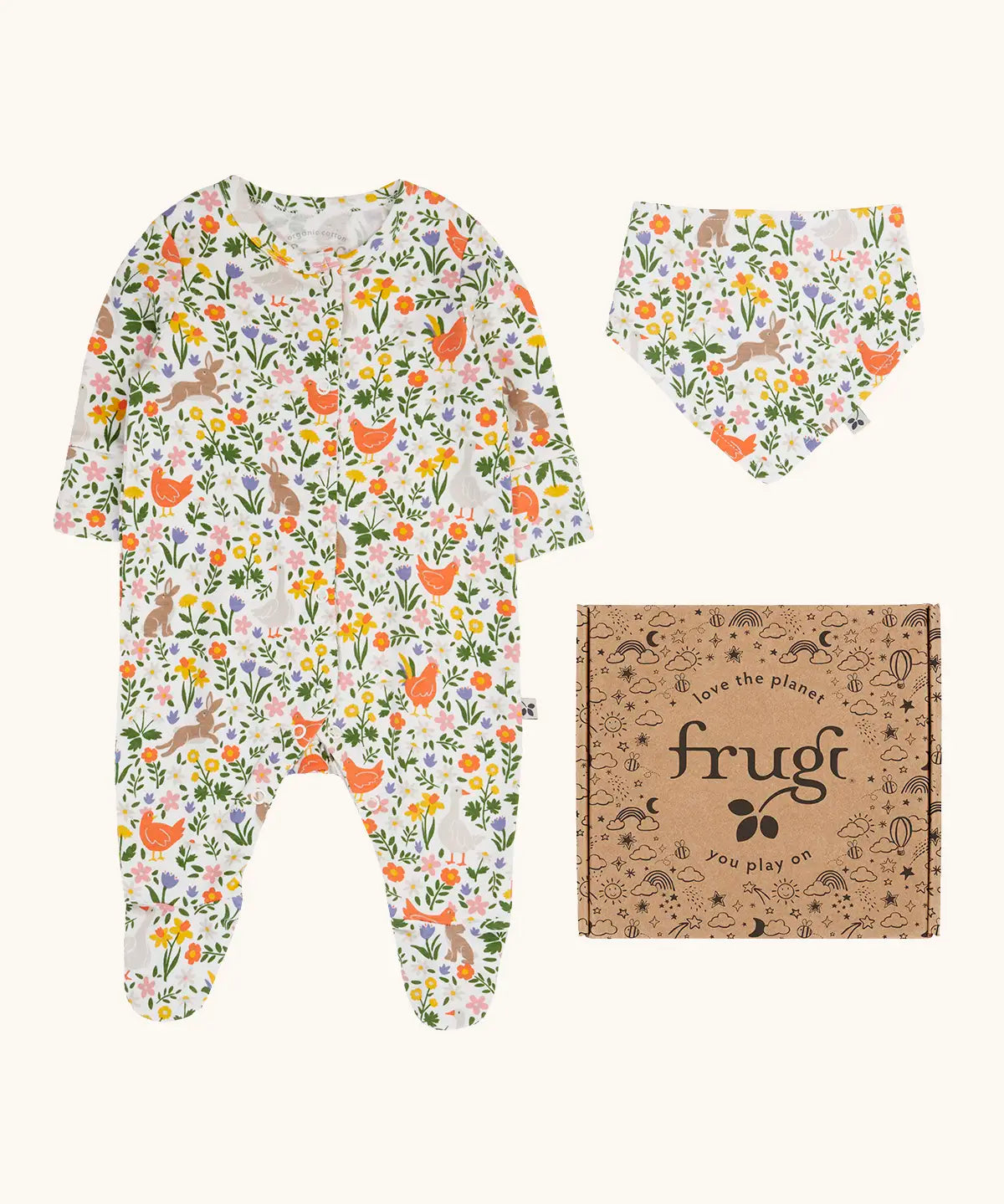 Frugi 100% organic cotton lovely gift set including a white babygrow with a repeating meadow inspired print, matching bib