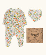 Frugi 100% organic cotton lovely gift set including a white babygrow with a repeating meadow inspired print, matching bib