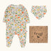 Frugi 100% organic cotton lovely gift set including a white babygrow with a repeating meadow inspired print, matching bib
