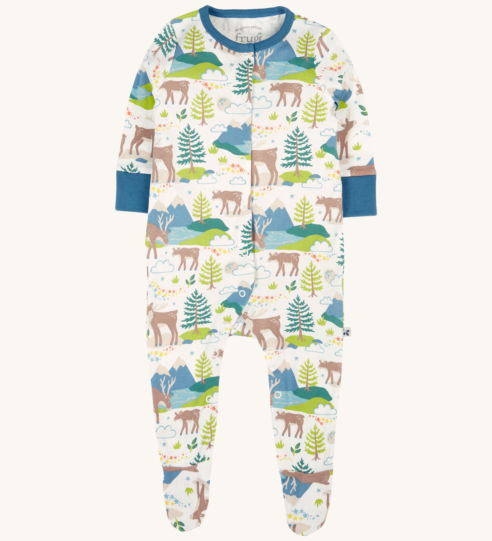 A Frugi Caribou Fields Organic Cotton Lovely Babygrow. A white babygrow with a reindeer themed print with green and blue details. This babygrow is a part of a wide range of organic cotton clothing for children available here at Babipur. 