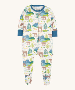 A Frugi Caribou Fields Organic Cotton Lovely Babygrow. A white babygrow with a reindeer themed print with green and blue details. This babygrow is a part of a wide range of organic cotton clothing for children available here at Babipur. 