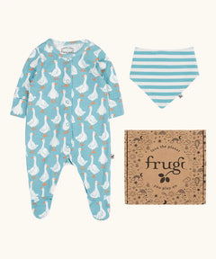Frugi 100% organic cotton lovely gift set including a light blue with a repeating white goose baby grow and a blue and white striped bib. Shows a decorated branded box