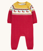 Frugi lumi knitted festive romper fair isle available at Babipur. A GOTS organic cotton soft knitted all in one in a fairisle design with robins. Features button fasteners running down from the shoulder.