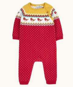 Frugi lumi knitted festive romper fair isle available at Babipur. A GOTS organic cotton soft knitted all in one in a fairisle design with robins. Features button fasteners running down from the shoulder.