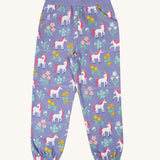 Frugi malpas joggers in unicorn / floral available at Babipur. A GOTS organic cotton jogger in light purple with a playful unicorn and floral design. Features elasticated cuffs and side pockets