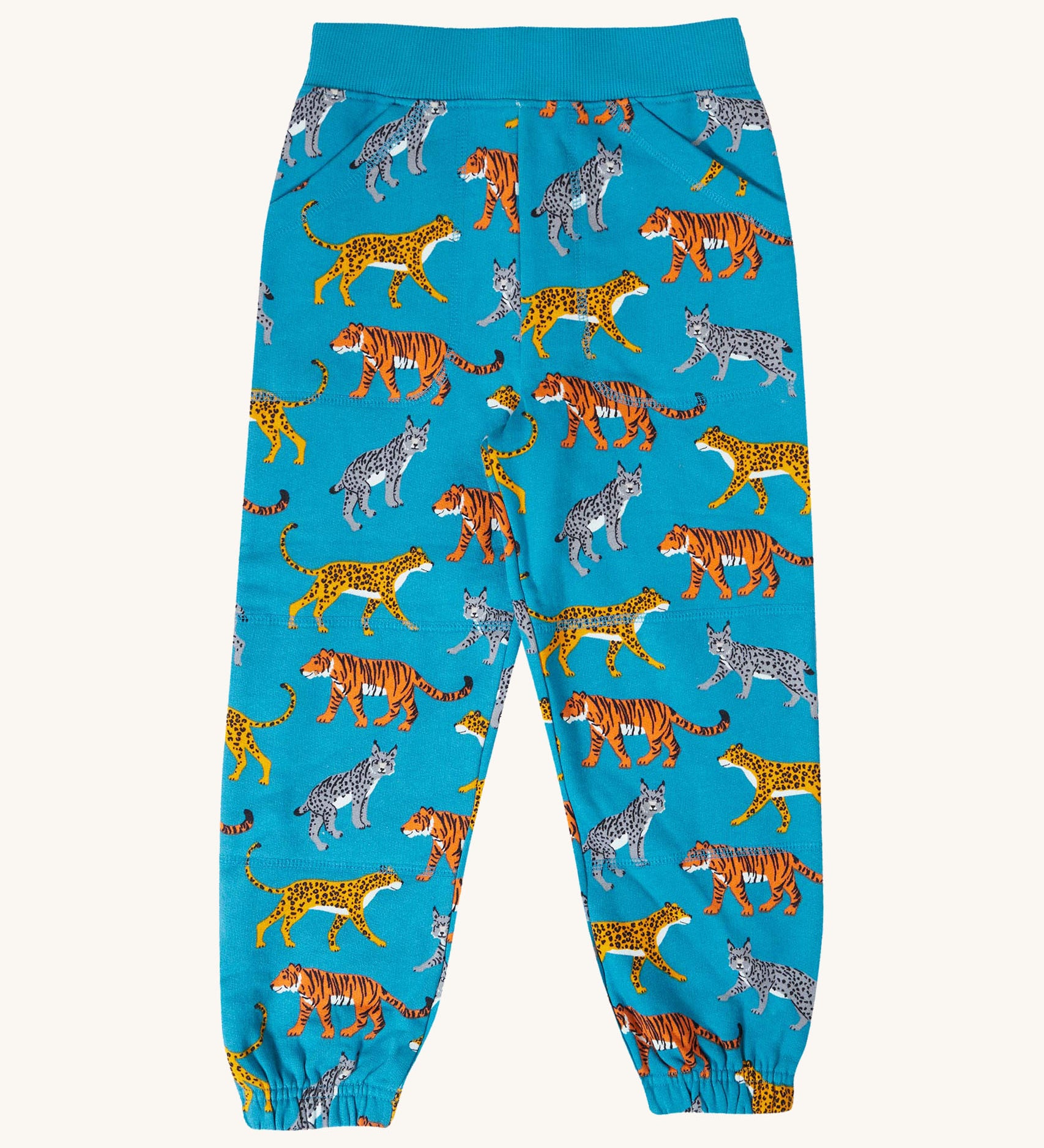 Frugi malpas joggers in wild cats available at Babipur. A GOTS organic cotton jogger in light blue with a different wild cats design. Features elasticated cuffs and side pockets