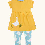 Frugi 100% organic cotton bumblbee goose gaggle outfit showing a yellow dress with a goose patch on the lower body and light blue leggings