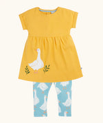 Frugi 100% organic cotton bumblbee goose gaggle outfit showing a yellow dress with a goose patch on the lower body and light blue leggings
