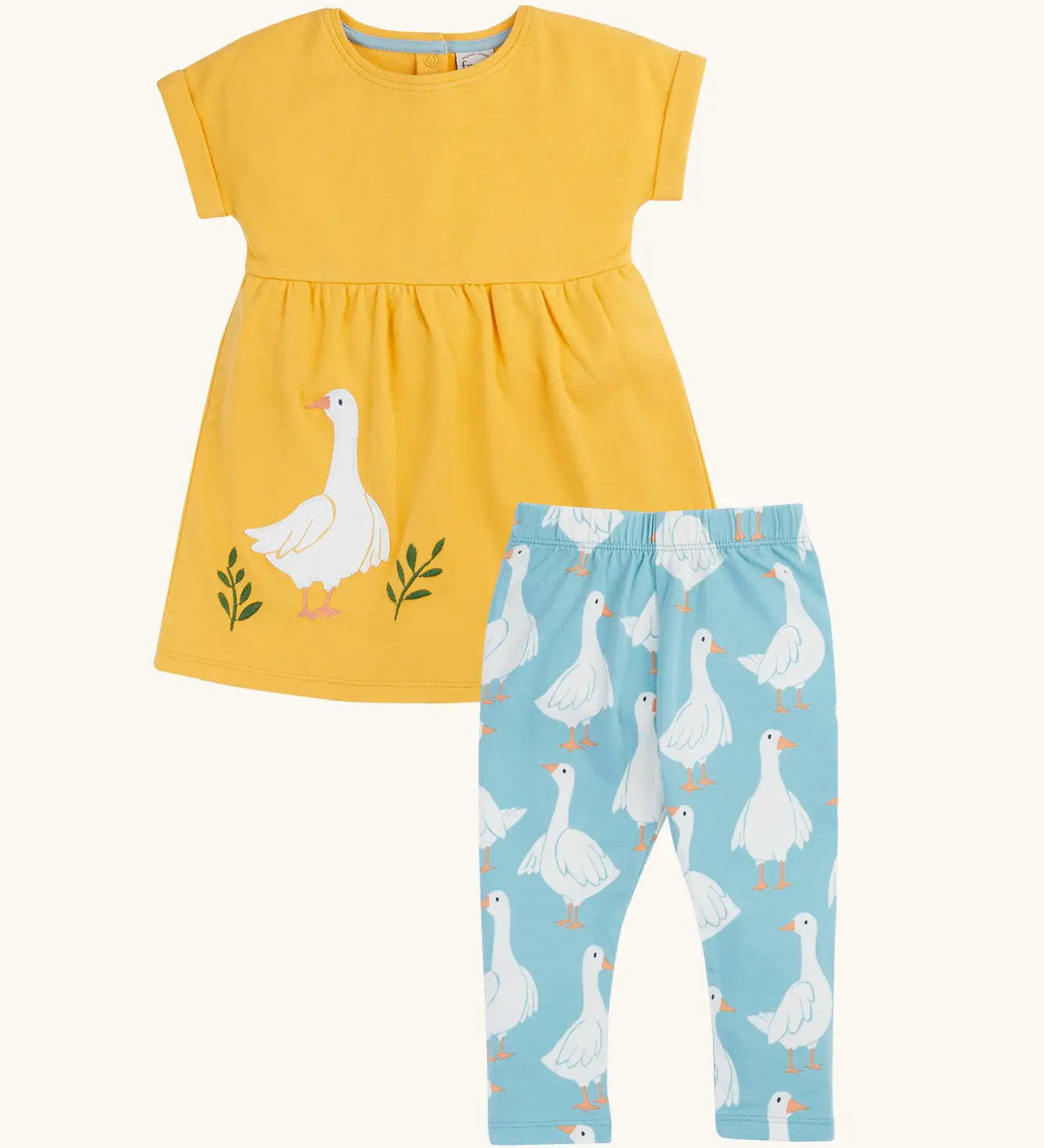 Frugi 100% organic cotton bumblbee goose gaggle outfit showing a yellow dress and blue leggings with a repeating goose print