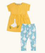 Frugi 100% organic cotton bumblbee goose gaggle outfit showing a yellow dress and blue leggings with a repeating goose print