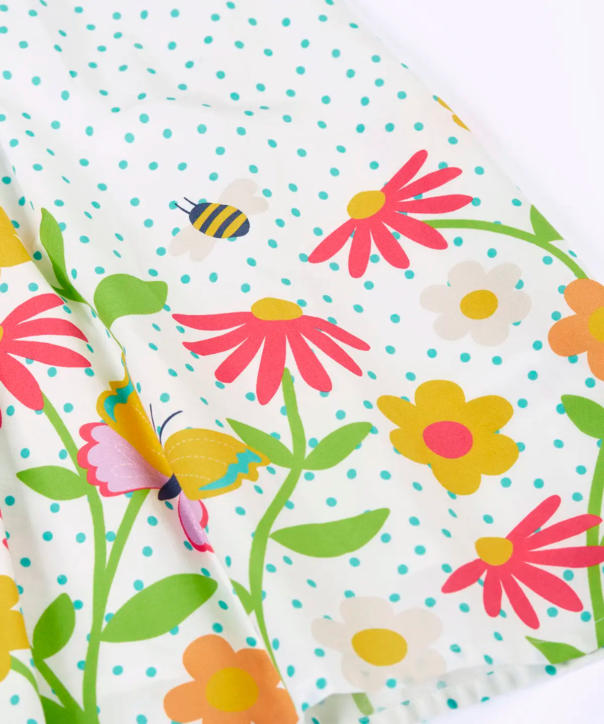 Close up of Frugi 100% organic cotton twirly dress in white with blue dots showing repeating floral, bee and butterfly design 