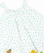 Close up of Frugi 100% organic cotton twirly dress in white showing the blue dots and shoulder straps