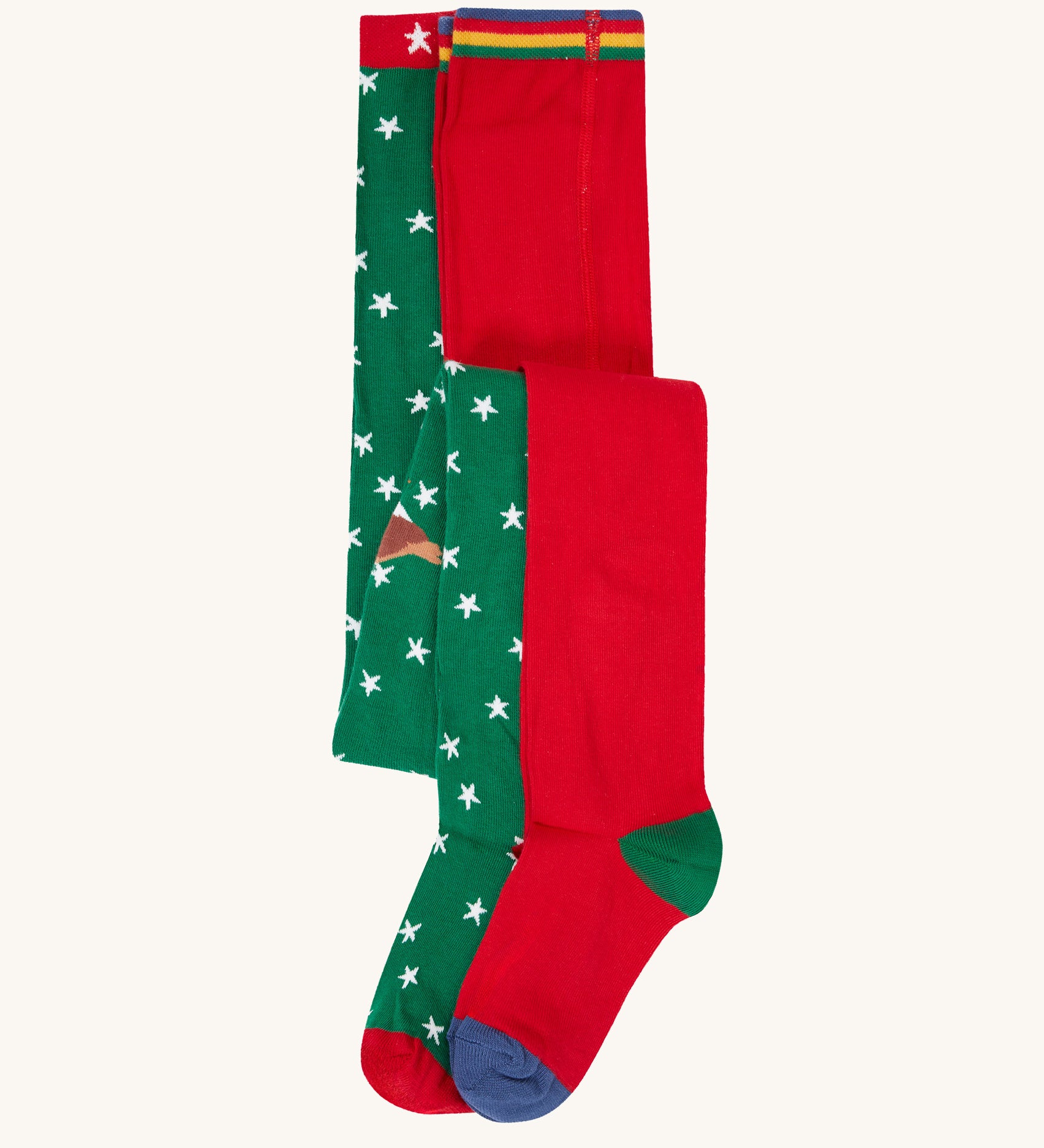 Frugi Norah tights in green robin and berry red 2 pack available at Babipur. A pair of GOTS organic cotton tights in green with white stars and a robin design. Other pair is a bright festive red.