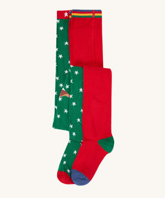 Frugi Norah tights in green robin and berry red 2 pack available at Babipur. A pair of GOTS organic cotton tights in green with white stars and a robin design. Other pair is a bright festive red.