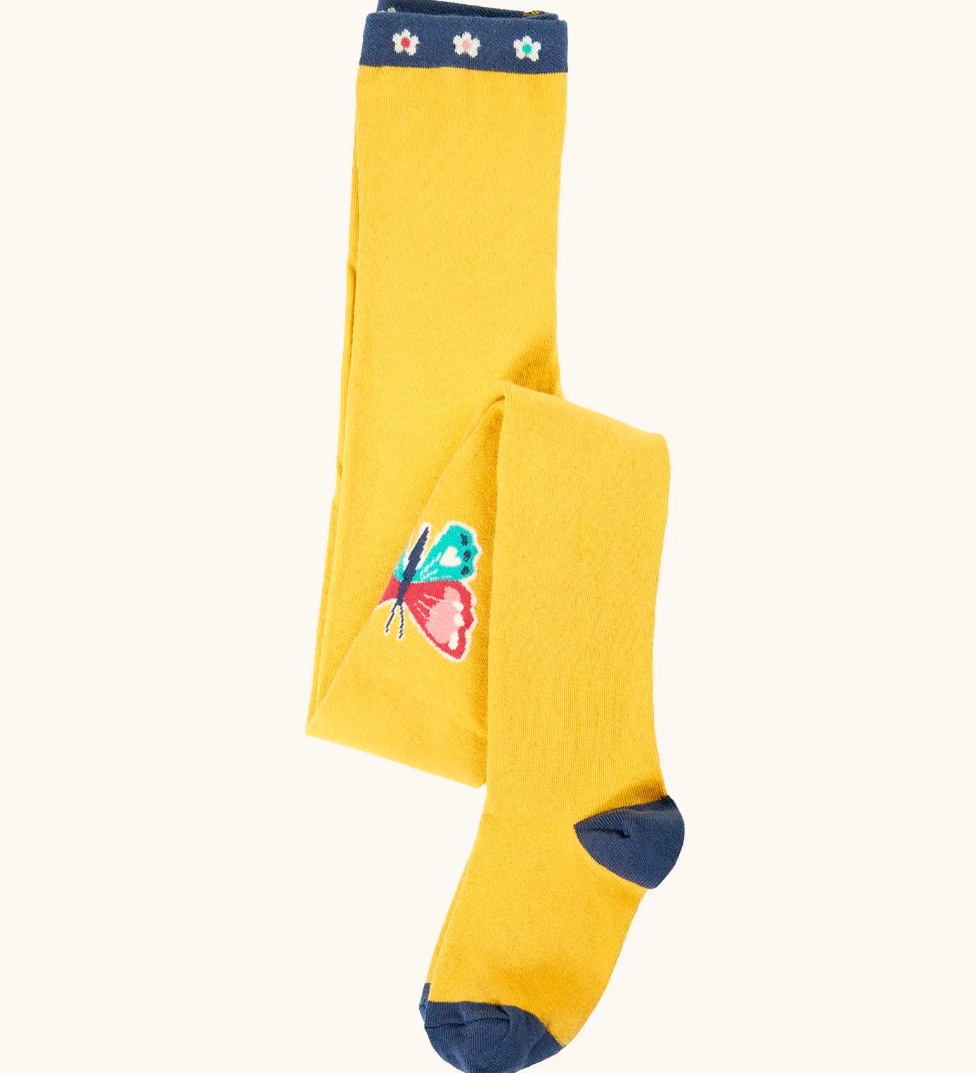 Frugi 100% organic cotton norah tights in yellow with navy waistband, heel and toe panel and a butterfly design on the knee