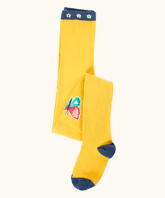 Frugi 100% organic cotton norah tights in yellow with navy waistband, heel and toe panel and a butterfly design on the knee