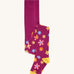 Frugi Norah tights in damson / retro floral available at Babipur. A GOTS organic cotton dark purple tights with a pastel coloured retro flower design and yellow contrasting panels