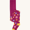 Frugi Norah tights in damson / retro floral available at Babipur. A GOTS organic cotton dark purple tights with a pastel coloured retro flower design and yellow contrasting panels