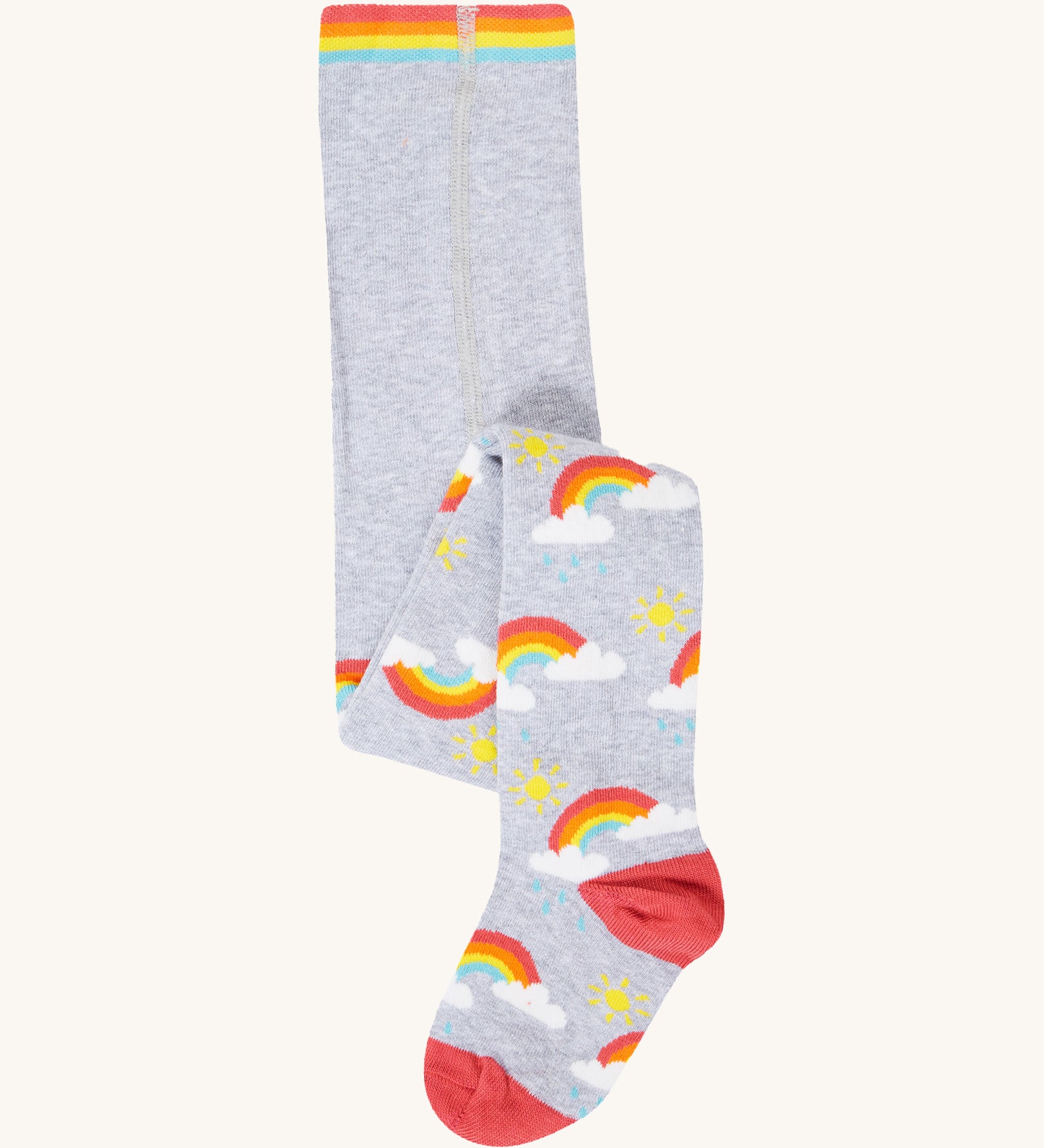 Frugi Norah tights in grey marl / rainbow available at Babipur. A GOTS organic cotton grey tights with a playful rainbow design and red contrasting heel and toe panels