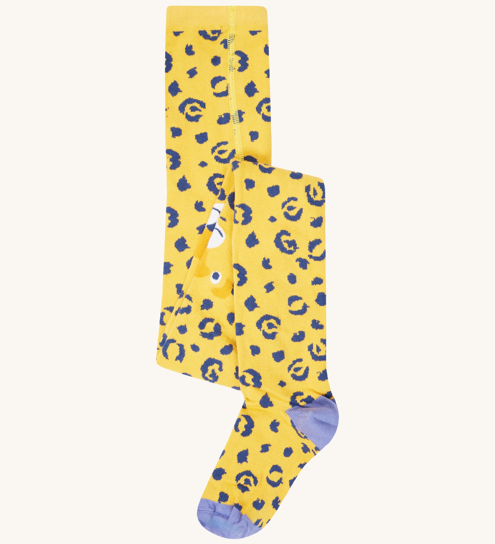 Frugi Norah tights in primrose / leopard available at Babipur. A GOTS organic cotton yellow tights with blue leopard print design and lilac contrasting heal and toe panels
