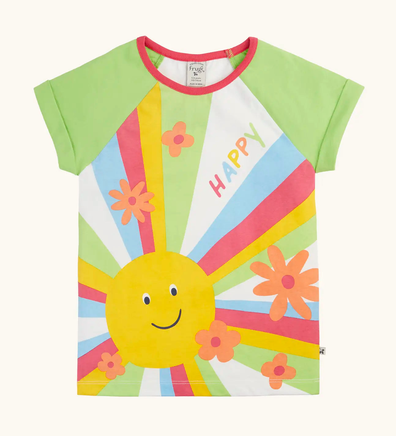 Frugi 100% organic cotton light green raglan short sleeve t-shirt with a large sun print on the front with flowers and happy slogan.
