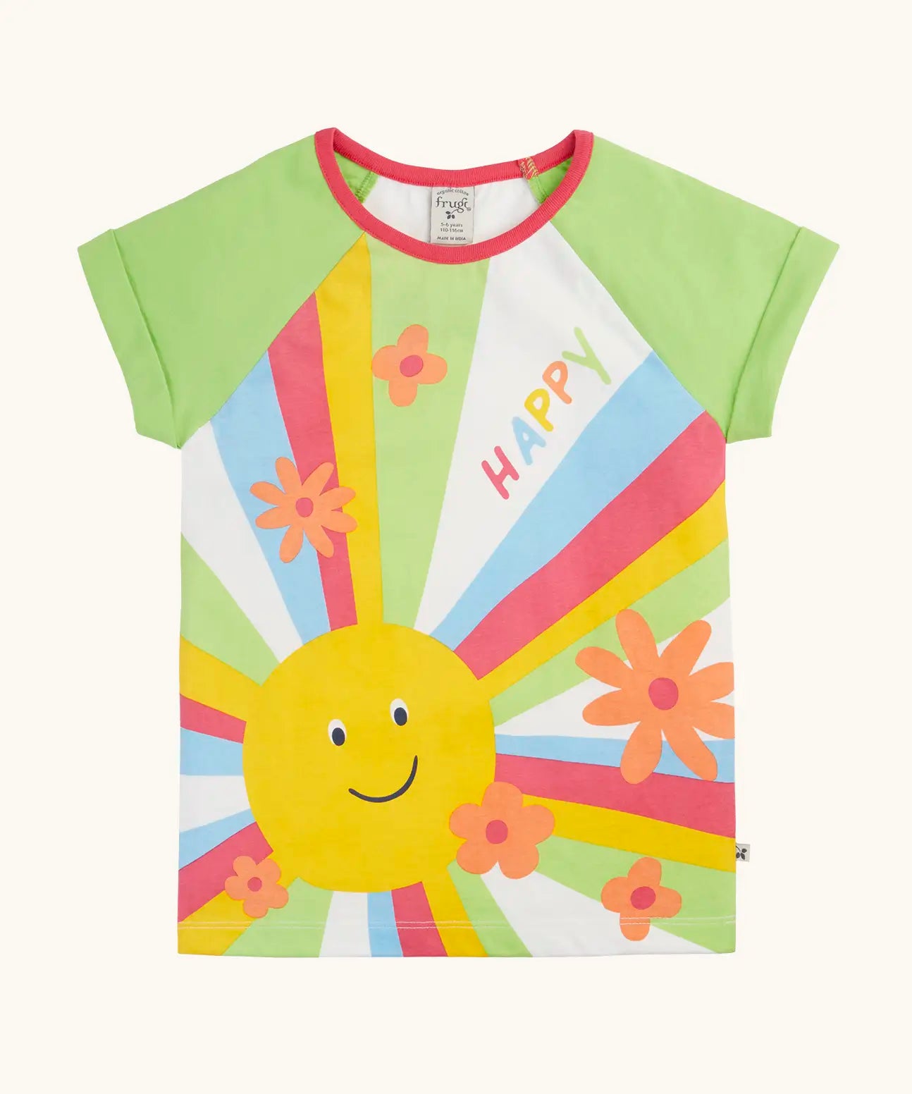 Frugi 100% organic cotton light green raglan short sleeve t-shirt with a large sun print on the front with flowers and happy slogan.