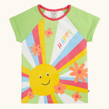 Frugi 100% organic cotton light green raglan short sleeve t-shirt with a large sun print on the front with flowers and happy slogan.