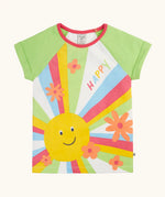 Frugi 100% organic cotton light green raglan short sleeve t-shirt with a large sun print on the front with flowers and happy slogan.