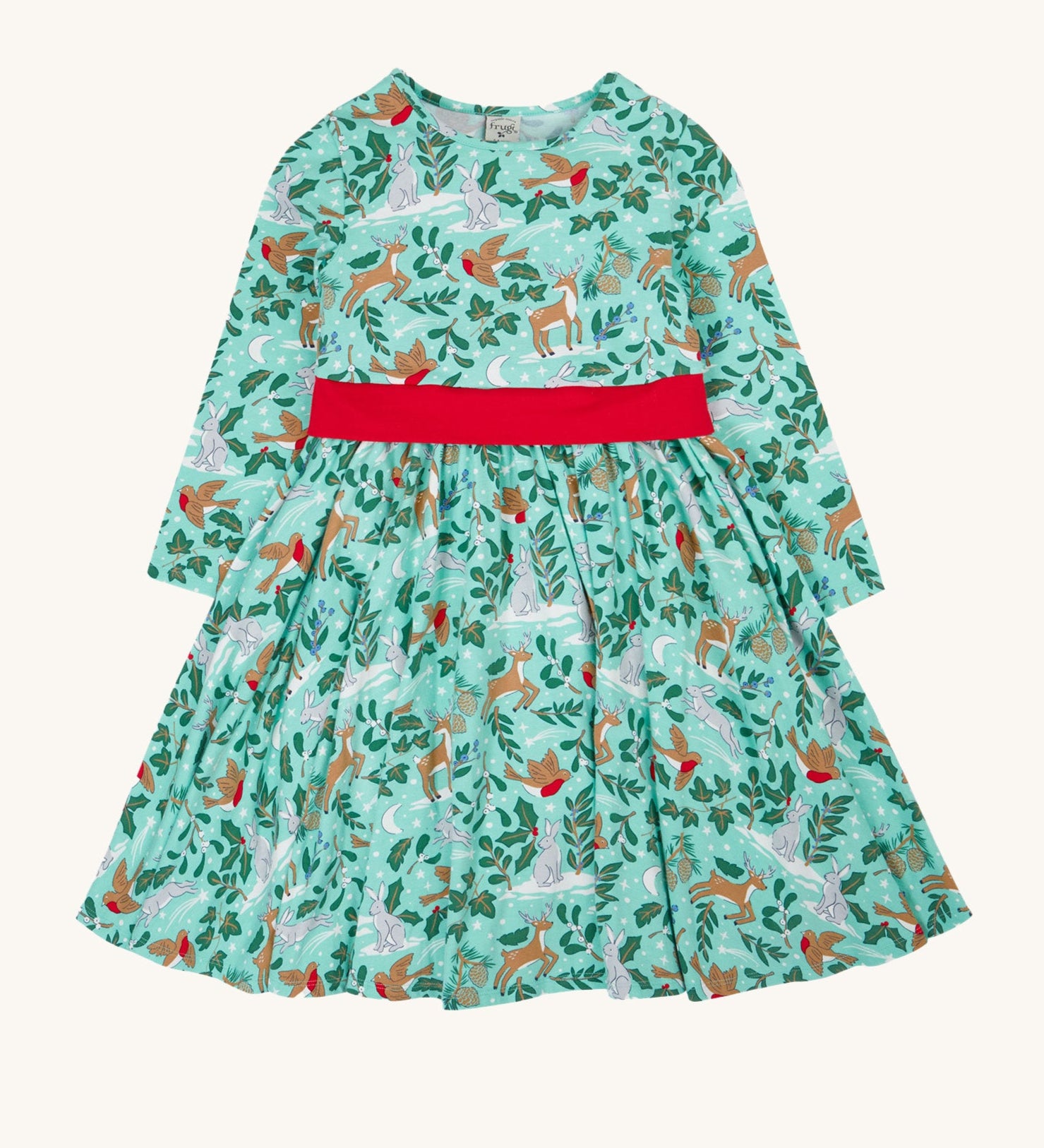 Frugi party skater dress in festive forest available at Babipur. A GOTS organic cotton dress in mint green with a playful winter / festive print. Features a red tie around the waist
