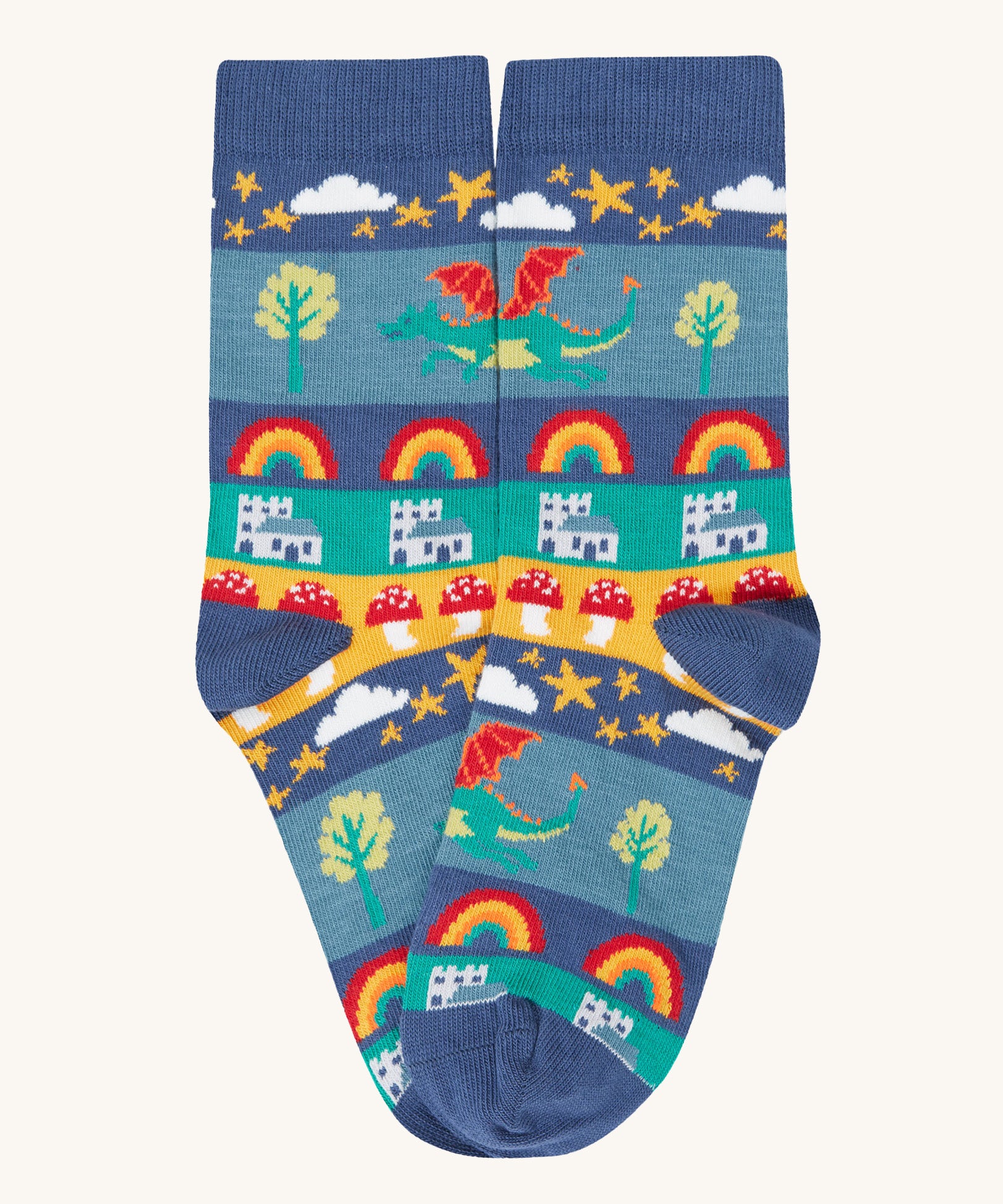 A close up of the fairytale inspired sock in blue from the Frugi rock my socks 3 pack in dragon skies available at Babipur. 