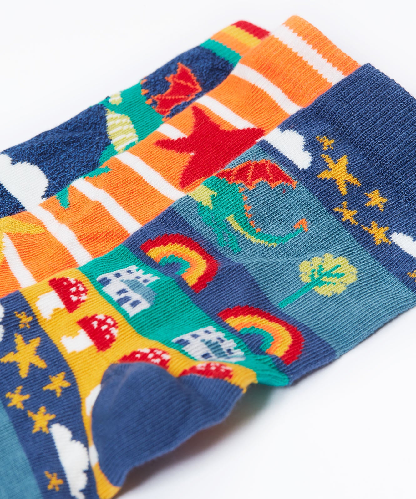 A close up of the print details on the Frugi rock my socks 3 pack in dragon skies available at Babipur. 