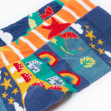A close up of the print details on the Frugi rock my socks 3 pack in dragon skies available at Babipur. 