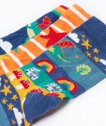 A close up of the print details on the Frugi rock my socks 3 pack in dragon skies available at Babipur. 
