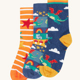 Frugi rock my socks 3 pack in dragon skies multipack available at Babipur. GOTS organic cotton socks including a orange and white striped, fairytale town design and a flying dragon sock. 