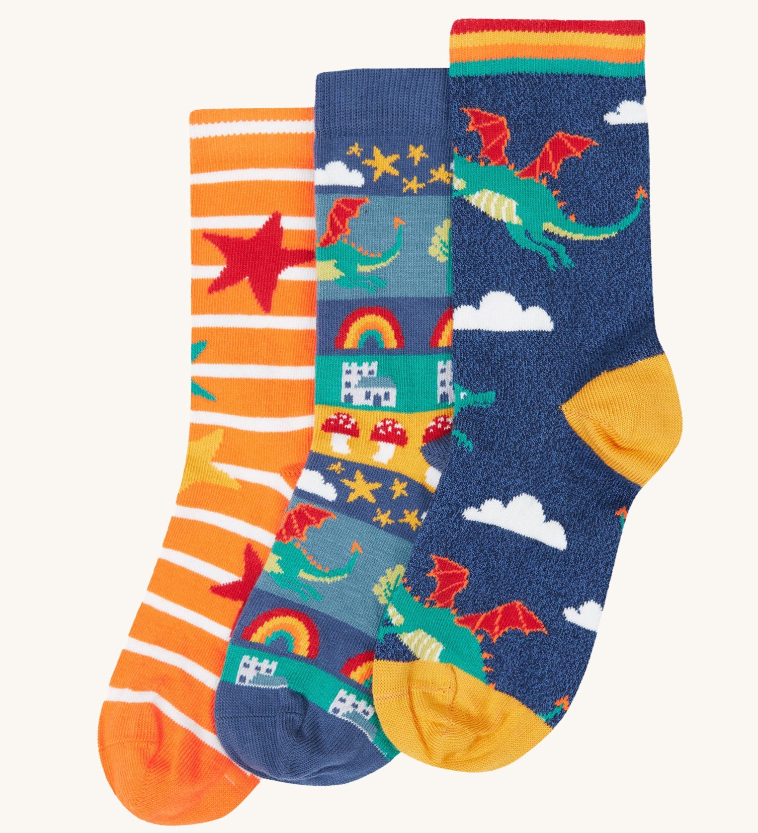 Frugi rock my socks 3 pack in dragon skies multipack available at Babipur. GOTS organic cotton socks including a orange and white striped, fairytale town design and a flying dragon sock. 