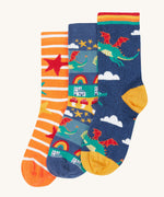 Frugi rock my socks 3 pack in dragon skies multipack available at Babipur. GOTS organic cotton socks including a orange and white striped, fairytale town design and a flying dragon sock. 