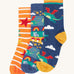 Frugi rock my socks 3 pack in dragon skies multipack available at Babipur. GOTS organic cotton socks including a orange and white striped, fairytale town design and a flying dragon sock. 