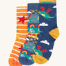 Frugi rock my socks 3 pack in dragon skies multipack available at Babipur. GOTS organic cotton socks including a orange and white striped, fairytale town design and a flying dragon sock. 